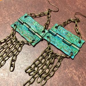 Handmade verdigris patina repurposed furniture hinges chain dangle earrings